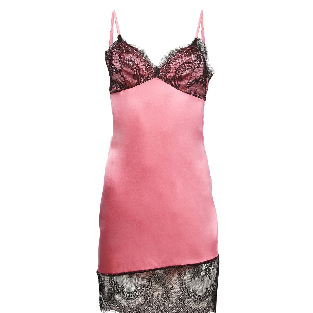Fleur du Mal Pink Silk and Black Lace Chemise